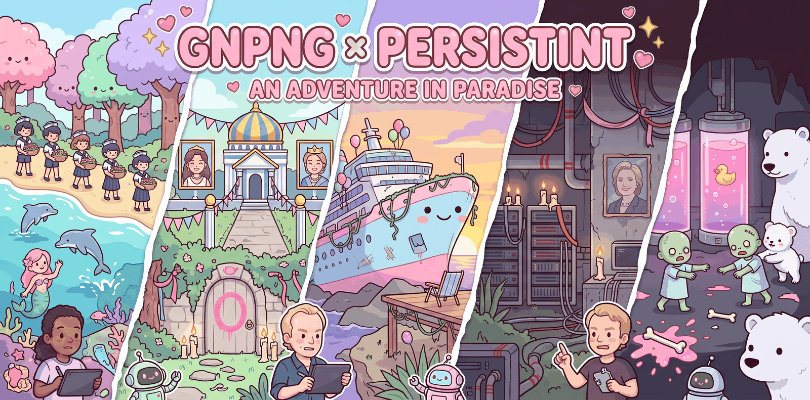 GNPNG x PERSISTINT: An Adventure in Paradise. Five illustrated panels, left to right: girls in sailor uniforms carrying baskets along a beach with dolphins and a mermaid; a blue-and-white striped temple with a gold dome between two framed portraits; a smiling pastel cruise ship wrecked on the rocks at sunset; a candlelit bunker full of server racks; and a lab with glowing pink tanks, green clone children and polar bear cubs.
