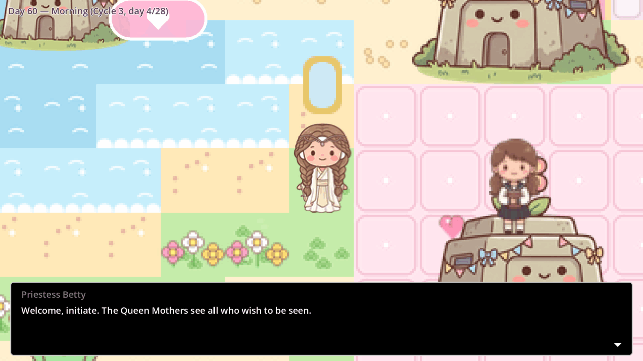 In-game screenshot of the village: pastel tiles, flowers and a smiling stone hut. Priestess Betty says: Welcome, initiate. The Queen Mothers see all who wish to be seen.
