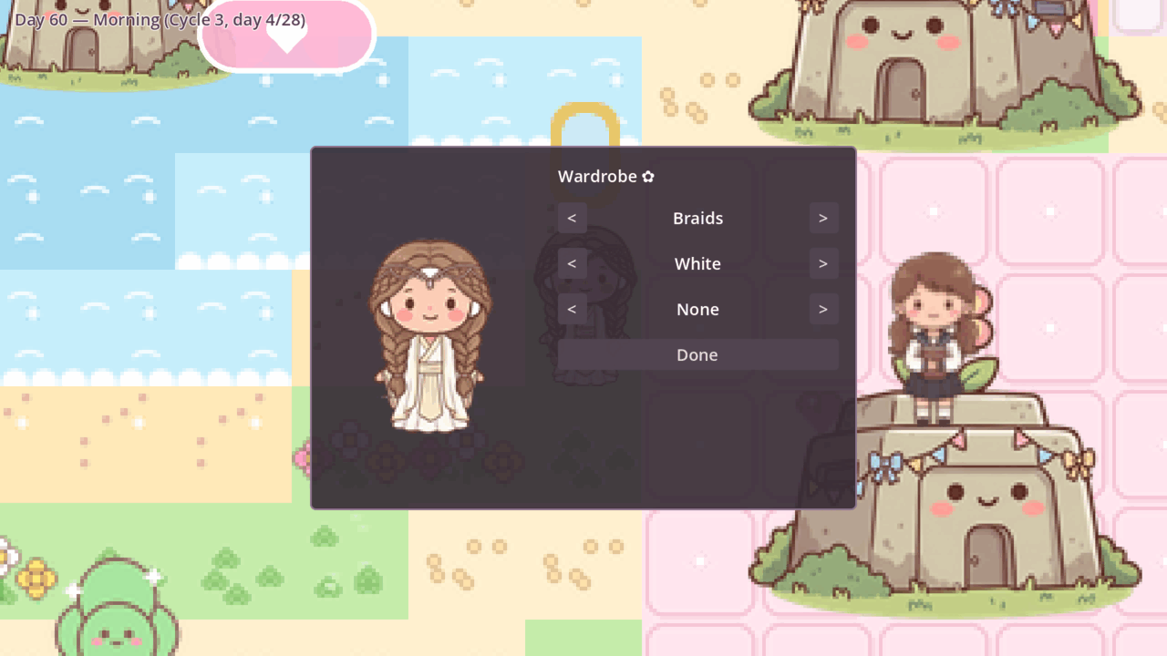 In-game screenshot of the paper-doll wardrobe: the character in a white gown beside options for hair (Braids), dress (White) and accessory (None).